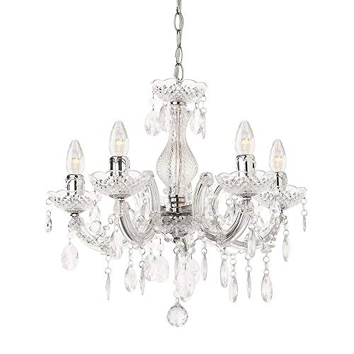 LITECRAFT Marie Therese Chandelier Ceiling Light Crystal Effect 5 Arm - (Polished Chrome, with LED Bulbs)