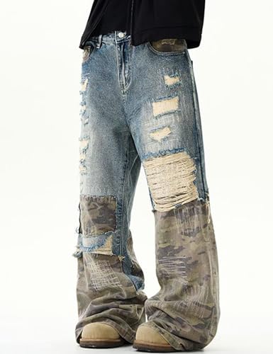 Mens Camo Ripped Jeans Y2k Hip Hop Camo Baggy Joggers Pants Streetwear Wide Leg Skater Jeans4
