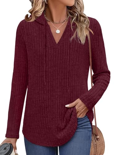 Lylinan Womens Cozy Knit Sweaters Hoodies Ribbed V Neck Pullover ...