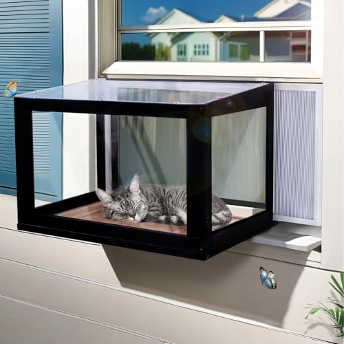 Cat Window Box Weatherproof Outdoor Cat Enclosure Window Catio Perch Bug Proof Wire Mesh Transparent Top and Front with Removeable PVC Panels for Indoor Cats Sunbathing Napping Playing
