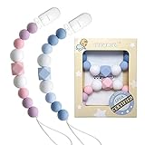 TYRY.HU Pacifier Clips Silicone Teething Beads Paci Clip Soothie Binky Holder Teether Toys for Baby Girls Boys Birthday Christmas Shower Gift 2 Pack (Pink, Blue)