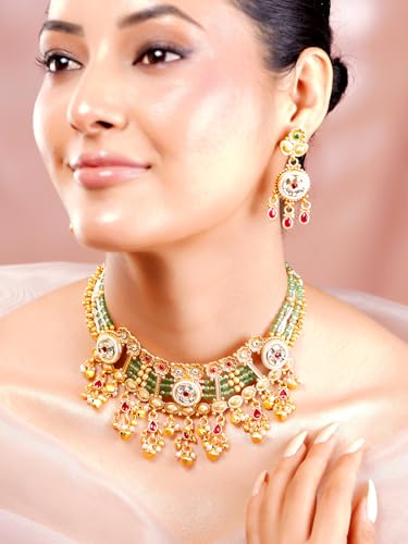 Image of Rubans Gold Plated Traditional Necklace Set with Jhumka for Women