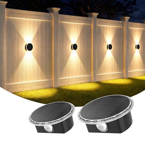 Ellasay Solar Fence Lights: 12 Hours Long Runtime Solar Powered Wall Lights 360° Circular Lighting Up and Down Waterproof IP65 & 3 Modes High Brightness LED Focus Lens for Fence/Porch- 2 Pack