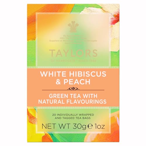Image of Taylors of Harrogate White Hibiscus & Peach, Green Tea Individually Wrapped Bags, 20 Count, Delicate, Fruity and Sweet, Caffeinated, Enjoy Hot or Iced, 20 Teabags (Pack of 2)