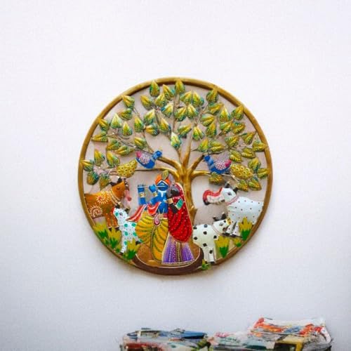 Image of Framing Hub Round Metal Wall Art of Radha Krishna with Cow Spiritual Wall Hanging Sculpture for Home Living Pooja Room Decor (Size: 24X24 Inch)