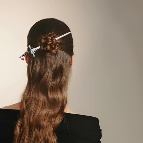 Image of Hair Stick for Bun, Chinese Hair Pin for Elegant Hairstyles, Sword Hair Pin for Weddings and Parties, 2PCS Set with Red Crystals in Golden and Silvery Finish