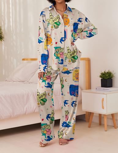 Ekouaer Womens Satin Silky Pajama Set 2 Piece Print PJs Soft Loungewear Button Down Sleepwear with Elastic Waist Long Pants