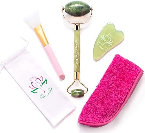 4-in-1 Jade Roller and Gua Sha Set with Mask Brush & Makeup Remover Bonus- Real 100% Natural Jade for Face Neck Body- Complete Beauty Set for Slimming & Firming- Rejuvenate Skin & Remove Wrinkles