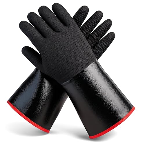 BBQ Gloves - Waterproof and Extreme Heat Resistant up to 932°F - Food-Grade Neoprene Rubber Mitts for Cooking, Grill, Grilling, Oven, Baking, Fire Pit - Non-Slip Grip, Cotton Lining and 14” Sleeve