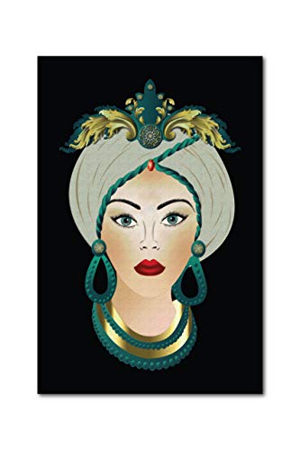 Quadro su Tela, Testa di Moro Donna 60 x 90 cm. Inserti Verde Smeraldo su Sfondo Nero. Sicilian Art Design. Misure Personalizzabili su Richiesta.