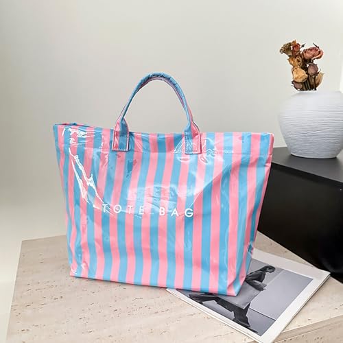 Image of Striped PVC Tote Bag for Women, Waterproof Plastic Hobo Handbag Summer Tote for Beach, Pool & Ideal Gift