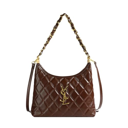 Quilted PU Leather Shoulder Bag with Chain Strap, Brown, Diamond Pattern, Gold Hardware, Fashion Underarm Purse