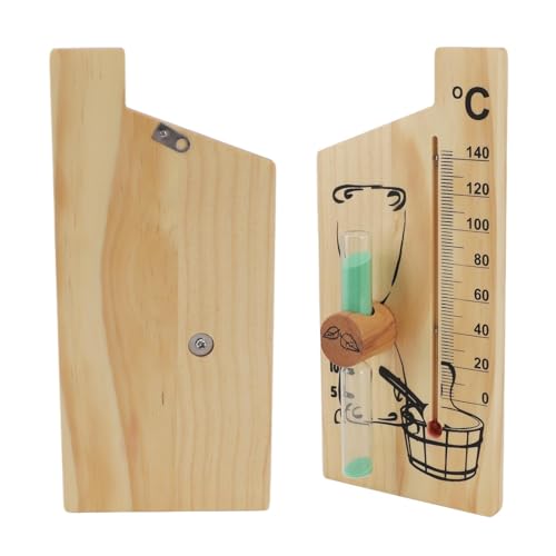 XHTLLO Sauna Thermometer, Golden Wood Sauna Thermometer Hourglass 15 Minute Sand Timer, Wall Mount Temperature Gauge