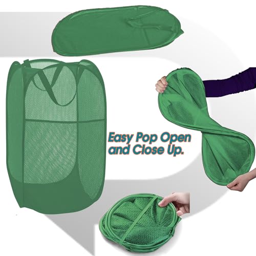 Image of BATTOO Deluxe Strong Mesh Pop up Laundry Hamper Basket with Side Pocket for Laundry Room, Bathroom, Kids Room, College Dorm or Travel Green