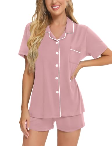 Image of SWOMOG Womens Button Down Pajamas Set Short Sleeve Sleepwear Bride Soft Pj Lounge Sets XS-3XL