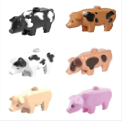 6 Stück Tiere Minifiguren Bausteine Bausatz, Schwein Modellfiguren Baustein Sets, Tierfiguren Minifiguren Bauset, Plastiktiere Mini Tiere DIY Zubehör Bausteine Modell