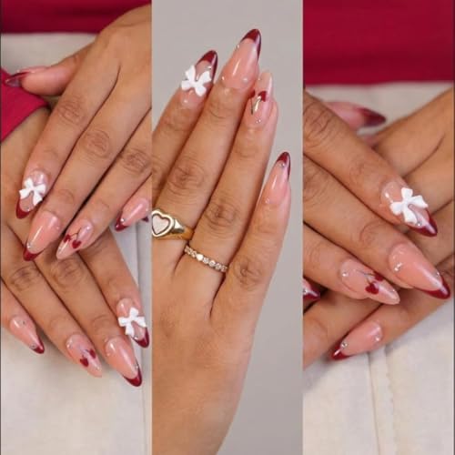 Image of Nude & Burgundy French Tip Press On Nails with 3D Flower Design | Glossy Almond Shape Fake Nails | Reusable Stick On Nails for Women (24 Pcs Kit)