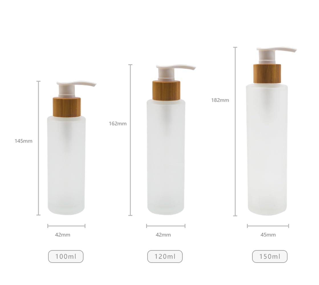 150ml/5oz Empty Frosted Glass Lotion Pump Dispenser Bottle with Wood Lid Refillable Makeup Cosmetic Cream Shampoo Toiletries Container Storage Jars for Bathroom Bedroom - Image 2