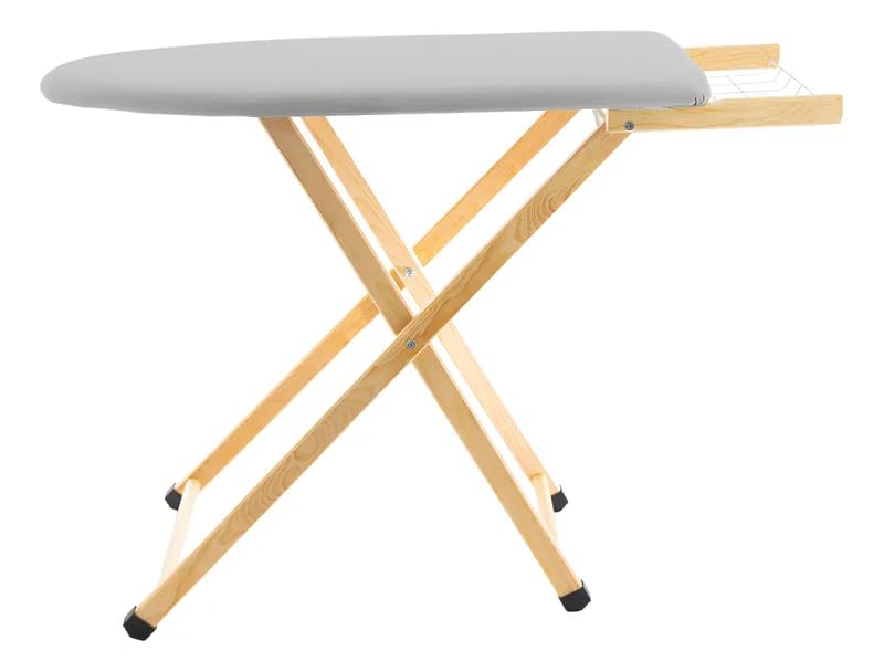 Mesa de Passar Roupa Dobrável em Madeira com Tomada e Porta Ferro – Tecido Metalizado,
