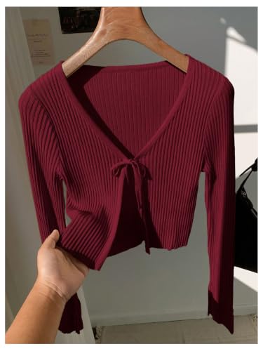 Image of SHENHE Women's Tie Front Crop Knit Rib Top Long Sleeve Shrug Cardigan | Long Sleeve,Lightweight Shrug,Rib Knit,Tie Front,Cropped,Knot Front,Crew Neck,Slim Fit,For Spring
