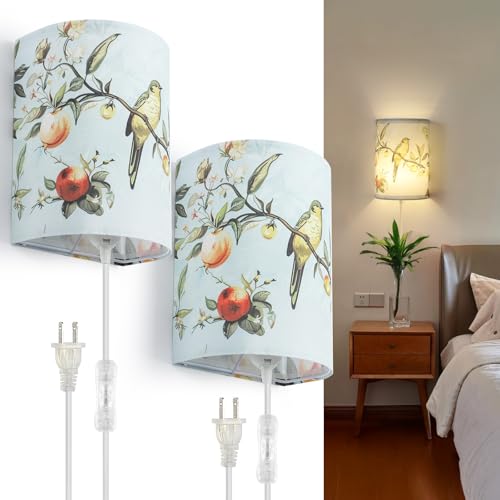 Image of Wall Sconces Set of Two Plug in, Fabric Wall Lamp with On /Off Switch, Plug in Sconce with Floral and Bird Print, Rustic Bedside Sconces Decor for Bedroom, Living Room, Blue(Bulb not Include)