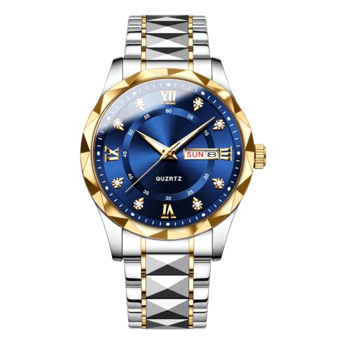 Image of GOLDENIZE FASHION Luxury Analog Roman Numeral Date Display Diamond Pattern Classics Stainless Steel Wrist Watch for Men