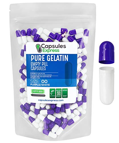 Capsules Express- Size 00 Purple and White Empty Gelatin Capsules 100 Count- Kosher and Halal - Pure Gelatin Pill Capsule - DIY Powder Filling