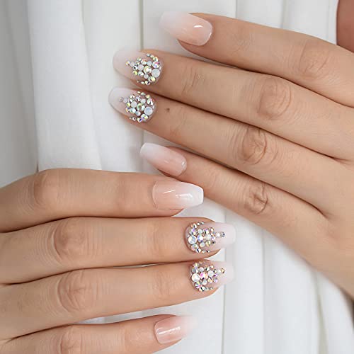 Imabc French Press On Nails Short Ombre With Rhinestones Pearls Baby Boomer Fake False Nails Natural Coffin Ballerina Nail Tips Full Cover Diamond Nail Art Set Nude White #TOP2