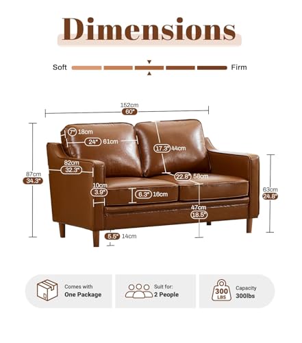 Image of Kingfun 60 inch Faux Leather Sofa, Loveseat Couch, Mid Century Modern Love Seat Couches with Solid Wood Frame for Living Room Bedroom