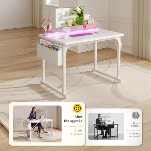 Image of DurayLoly 32 inch Computer Desk with Waterproof LED Lights,Bedroom Study Desk for Teens, Dorm Room Essentials,Headphone Hook&Storage Bag for Small Spaces,Sturdy Metal Frame,White