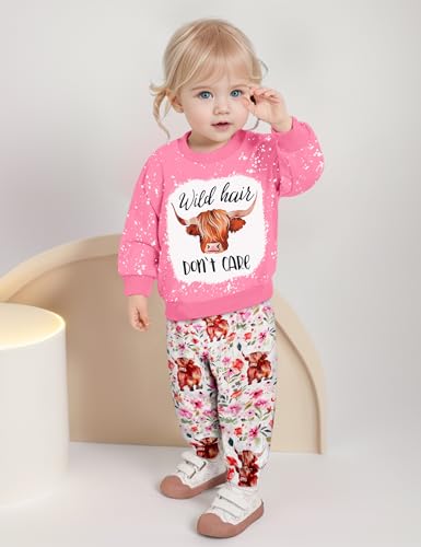 Image of Toddler Girl Clothes Fall Winter Outfits Wild Hair Don't Care Highland Cow Sweatshirt Pants Western Cowgirl Outfit