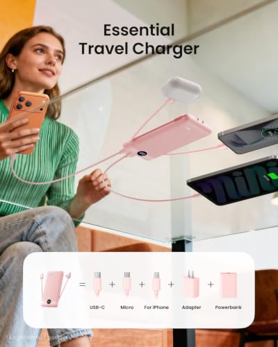 Image of Portable Charger Built-in Cables and Wall Plug, 10000mAh Slim USB C Power Bank, LED Display External Battery Pack Compatible with iPhone /Android & More (Pink)