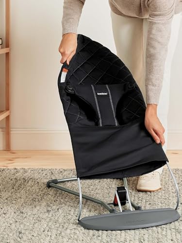 Image of BabyBjorn Bouncer Bliss, Black, Woven, Classic Quilt | 2-in-1 Adjustable Baby Bouncer Seat and Toddler Chair, Newborn to Toddler (8-29 lbs), 4 Positions, Lightweight & Portable