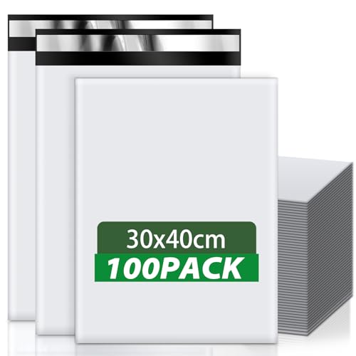 Wanxida 100 Stück Weiße Plastik Polyethylen Versandtaschen, Versandtaschen Kleidung mit Selbstdichtendem Band, Versandtüten für Kleinunternehmen und Einzelhandelsgeschäfte (30x40cm)