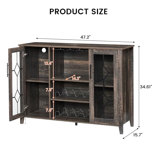 Image of Farmhouse Wine Bar Cabinet with LED Light, Wood Storage Cabinet with Glass Doors, Adjustable Shelves, Wine & Coffee Station for Dining Room, Living Room, Home Bar,Oak