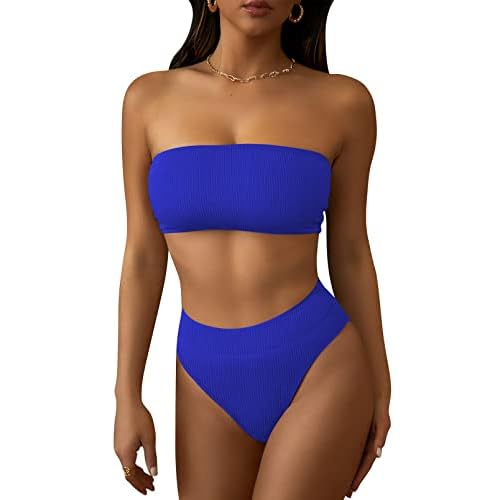 Pink Queen Women's Ribbed High Waisted Bikini Set Removable Strap Bandeau Swimsuit Small 01 - Sapphire Blue Ribbed Fabric