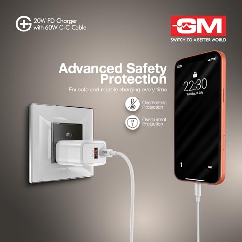 Image of GM G+ 20W PD Fast Charger with 60W Type-C Cable 1M | USB-C Power Delivery Wall Adapter with Fast Charge & Data Sync Cable | Compatible with iPhone, Android, Tablets, Earbuds.