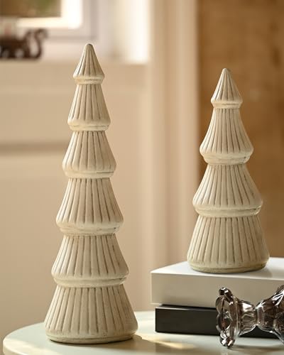 WONDROUS DECO Wooden Christmas Tree Figurine Tabletop White Tree Figurine Set of 2 Desk Centerpieces for Christmas Decor