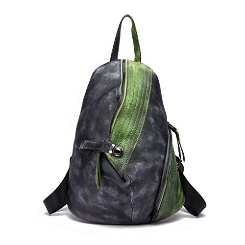 Unisex Vintage Genuine Leather Backpack Stitching Color Large Capacity Handbag Purse Casual Coolcy Daypack Satchel for Travel (Green-black)