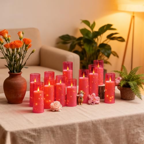 Image of kakoya Flameless LED Candles with Timer 5 Pc Flickering Flameless Candles for Romantic Ambiance and Home Decoration Stable Acrylic Shell,with Embedded Star String,Battery Operated Candles(Pink)