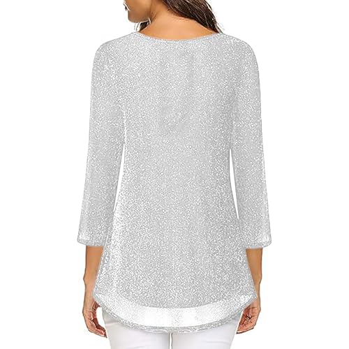 Glitzer Oberteile Damen 3/4 Ärmel Bluse Elegant Pailletten Tunika Festliche Blusenshirt Mesh Pullover Einfarbig Tshirt Silvester Outfit Leicht Luftig T-Shirt Mode Blusentop Longbluse