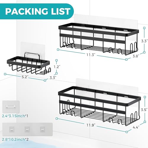 HomeHacks Shower Caddy, 3-Pack with Soap Holder, No Drilling Rustproof Organizer with Save Space Hooks, Apartment Essentials for Bathroom, Kitchen & Living Room, Shelf for Inside Shower