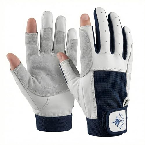 BluePort Segelhandschuhe Herren & Damen Leder M – 2-Finger Cut Hybrid – Daumen & Zeigefinger offen für Feinarbeit – Weiches Echtleder & Spandex – Ideal für Yacht & Übergang