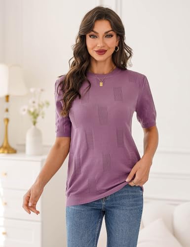 Totatuit Jerséis para Mujer Cuello Redondo Manga Corta Punto Jersey Mujer Sólido Suéter Elegante Blusa Stretchy Casual Camiseta PúRpura L