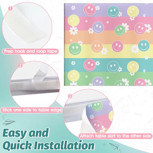 Image of 9FT Pastel Smiley Face Table Skirt Daisy Teacher Desk Skirt for Colorful Classroom Decor Rectangle Table Cloth Rainbow Tablecover for Back to School Party Decorations Home Office Bookcase Cabinet