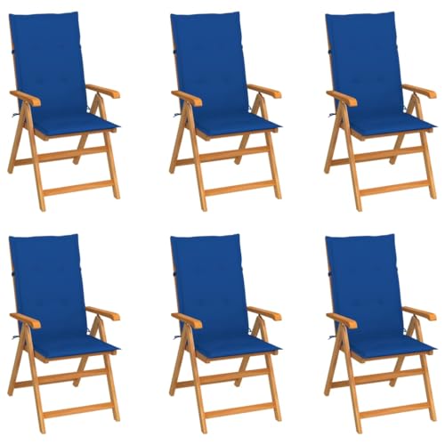 vidaXL Lot de 6 Chaises de Jardin avec Coussins, Sièges de Terrasse, Chaises de Salle à Manger, Meubles de Patio Extérieur, Bleu Royal Bois Teck