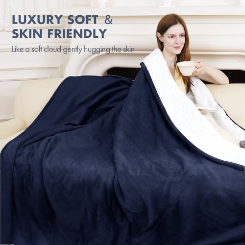 Electric Heated Blanket Twin 62" x 84" - Soft Cozy Flannel Sherpa Electric Blanket Twin Size with 5 Heating Levels & 10 Hours Auto Off, Heated Blanket for Women, ETL Certified (Navy)
