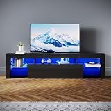 SONNI TV-Schrank Modern 180cm, Lowboard Hochglanz Schwarz mit 16 Farben LED-Beleuchtung, Schublade, offene Glasböden, Fernsehtisch für Fernseher bis 65 Zoll Wohnzimmer & Schlafzimmer, 180x35x45cm.