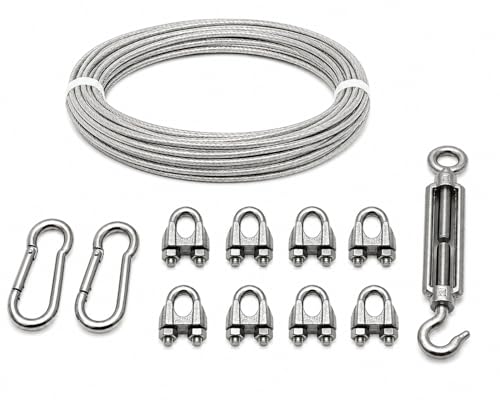 Image of Heavy Duty 4MM PVC Coated Wire Rope Kit | 7x7 GI Steel Cable with Snap Hooks, U Clamps & Turnbuckle | Rustproof Clothesline Wire for Balcony, Gym & Outdoor Use (15 Meter /49.2 Feet)