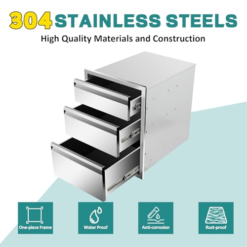 Image of Outdoor Kitchen Drawers 18 inch W x 23 inch H x 23 inch D Stainless Steel Drawer BBQ Triple Drawers with Hidden Handle for Outdoor Kitchen Island, Patio Grill Station